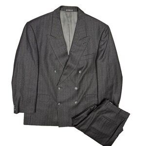 Hyde Park Suit Double-Breasted 2pc Flannel Pleated Italy Wool Grey 46R 38x30